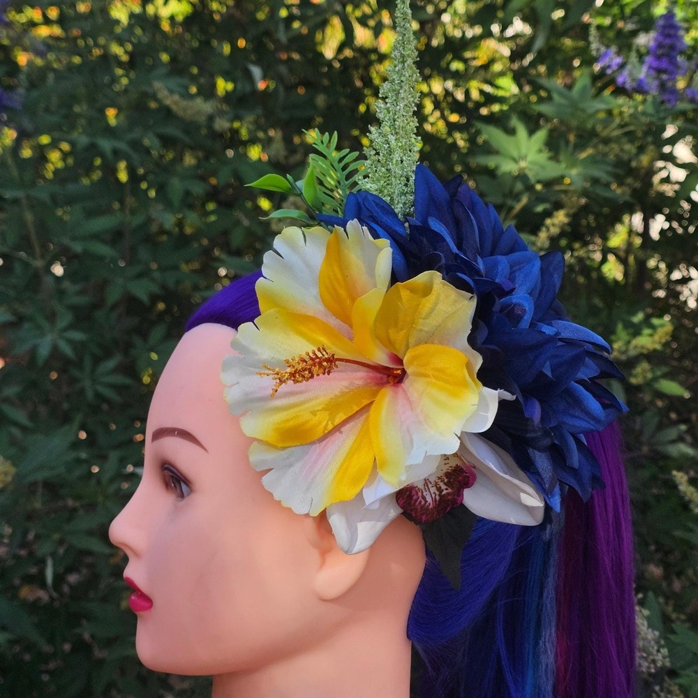 Handmade Tropical Floral‎ Hair Clip Blue Dahlia Yellow Hibiscus Tiki Pinup Glam